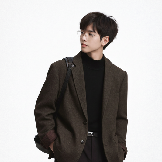 Men’s Chestnut Brown Plaid Blazer | British Vintage Style | Relaxed Loose Fit | Notched Lapel Single-Breasted Suit Jacket